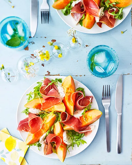 Salade melon mozza jambon sec roquette, Delpeyrat
