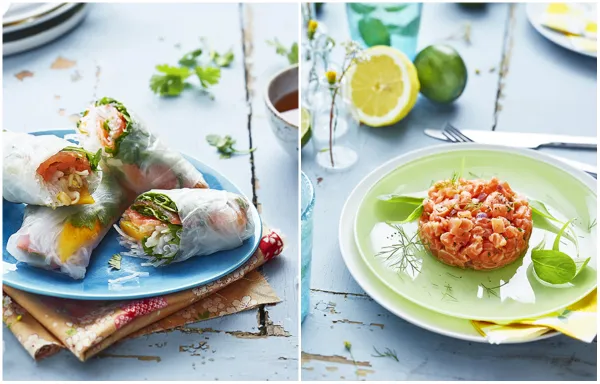 Rouleau de printemps et tartare au saumon Delpeyrat