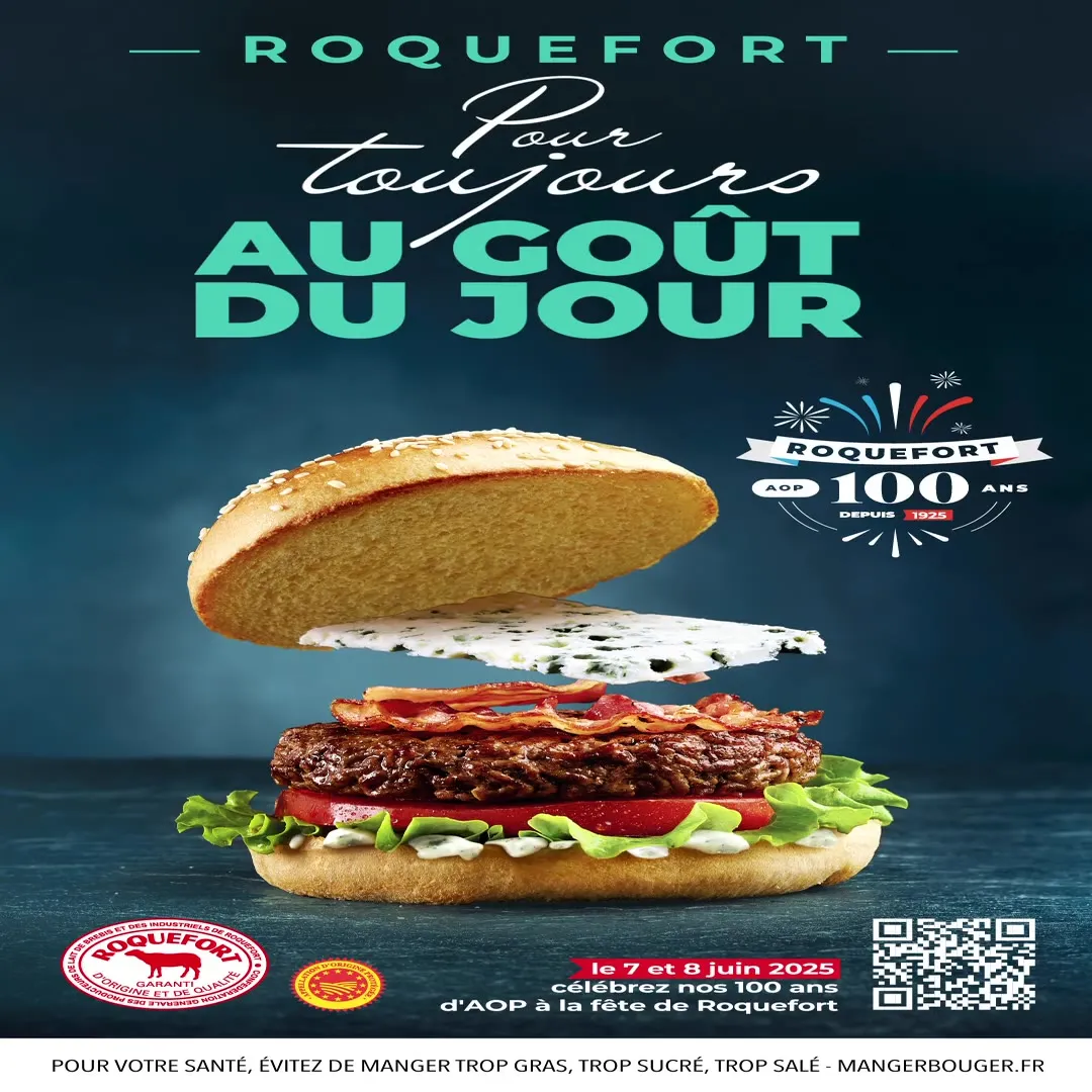 Burger au Roquefort en lévitation, campagne d'affichage digital Roquefort AOP