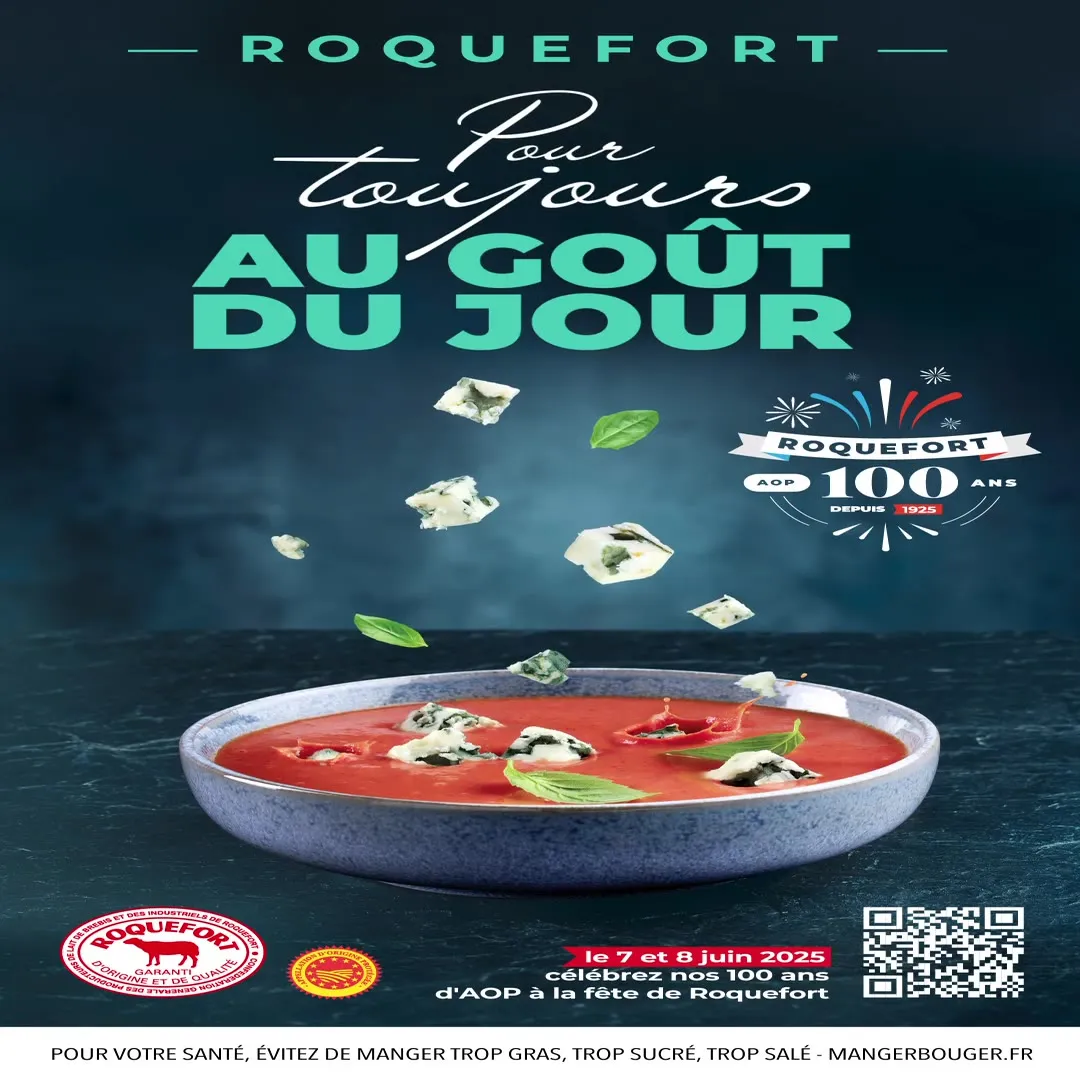 Assiette de gaspacho et éclats de Roquefort, campagne d'affichage digital Roquefort AOP